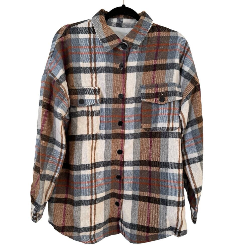 NWT CUPSHE Brown Plaid Button Up Oversized Flannel Shacket Women’s Medium